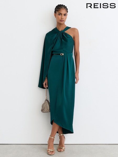 Teal Green - Reiss Clodagh Satin Side-cape Draped Midi Dress