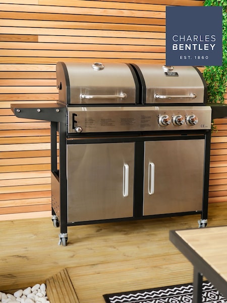 Charles Bentley Silver 2+1 Burner Gas Grill & Charcoal Grill BBQ In Stain (435913) | £385