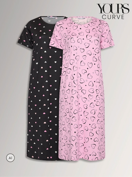 Pink Heart - Yours Curve Midi Nightdresses 2 Pack
