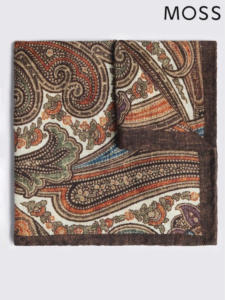 Brown & Orange - Regular Moss Bottinelli Wool Paisley Pocket Square