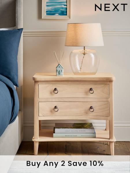 Light Natural Sadie Solid Mango Wood 2 Drawer Wide Bedside Table (436581) | £325