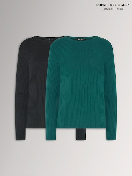 Green/Black - Long Tall Sally Ribbed Boat Neck Tops 2 Pack