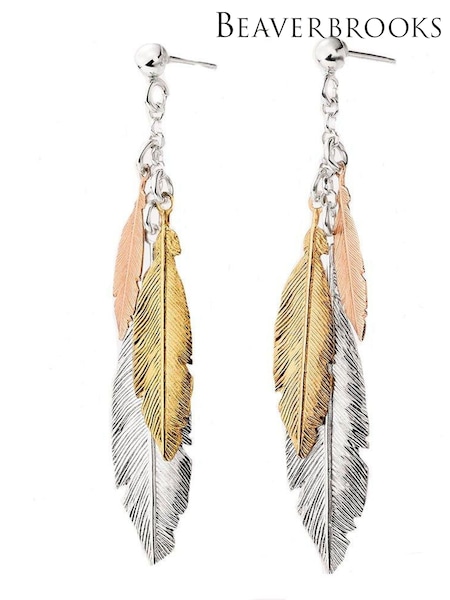 Beaverbrooks Three Colour Feather Drop Earrings (437108) | £80
