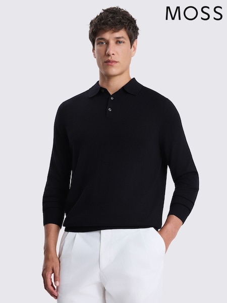 Navy Blue - Regular Moss Merino Wool Blend Long-sleeve Polo Shirt