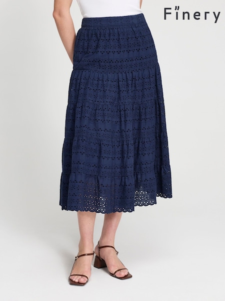 Blue - Finery Siobhan Cotton Broderie Tiered Midi Skirt