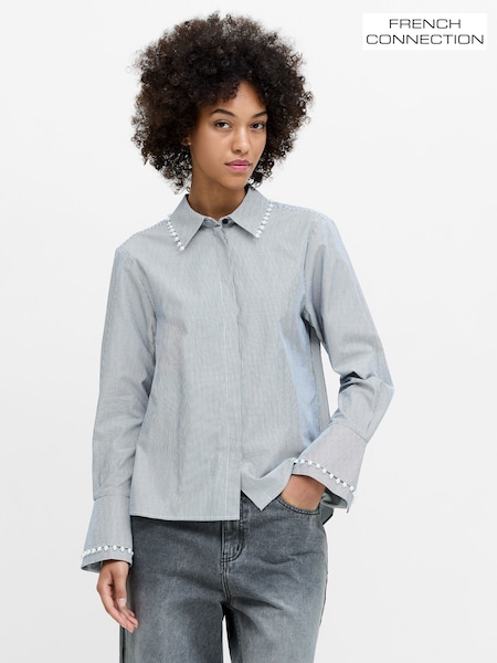 Blue - French Connection Striped Cambria Cotton Pearl Trim Shirt