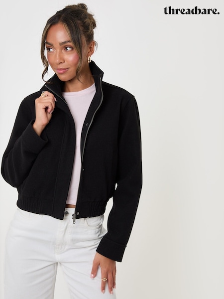 Black - Threadbare Faux Wool Funnel Neck Bomber Jacket