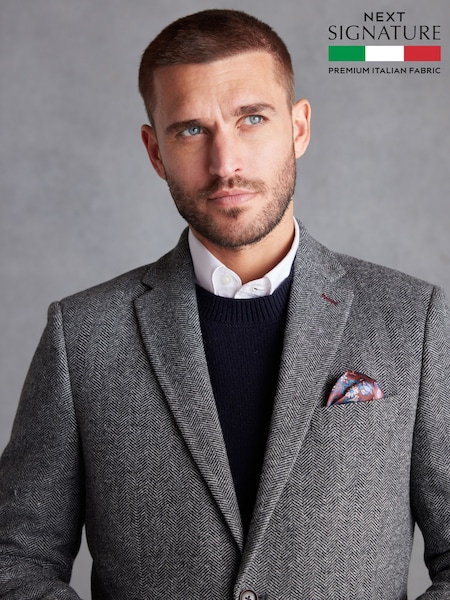 Grey Regular Fit Nova Fides Signature Herringbone Wool Blazer (439063) | £135