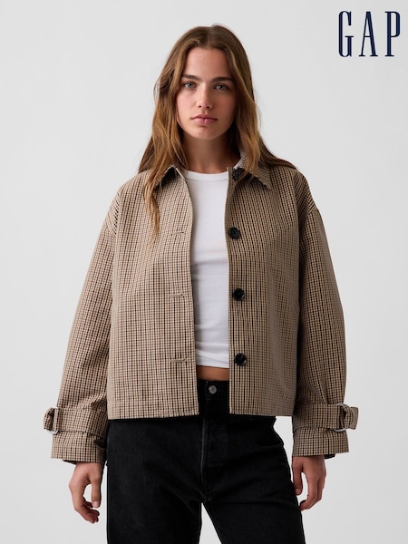 Brown Check - Gap Oversized Crop Trench Jacket