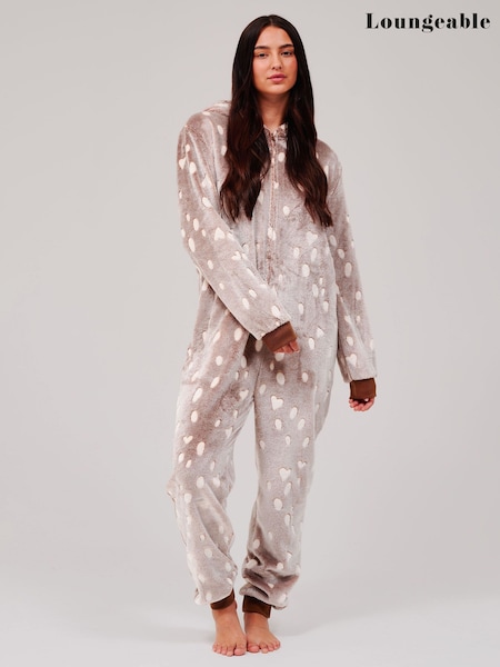 Brown - Loungeable Reindeer Luxury Fleece Hooded All-in-one