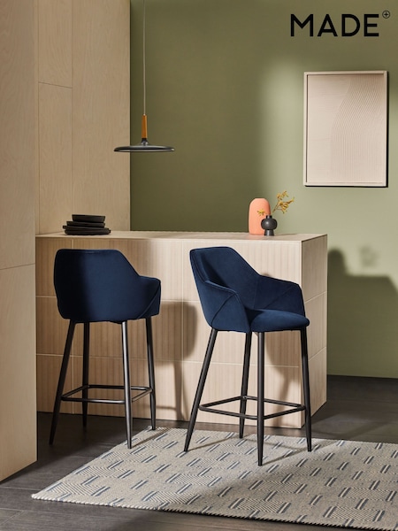 MADE.COM Dark Blue and Black Legs Lule Bar Stool in Velvet (440628) | £169