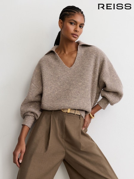 Stone Neutral - Reiss Twyla Wool-cotton Rib-knit Open-collar Jumper