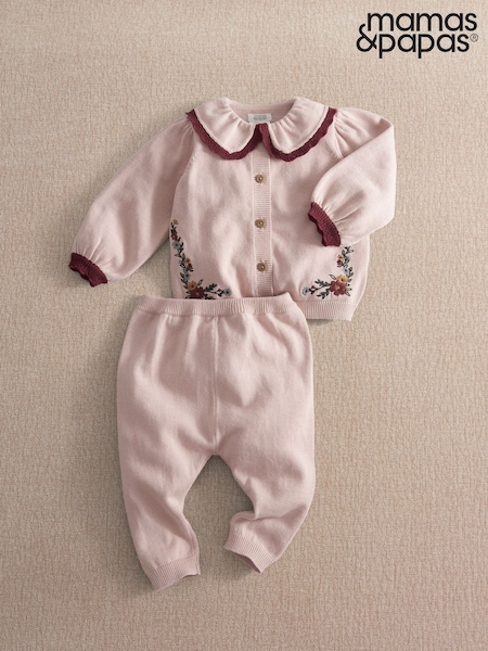 Pink - Mamas & Papas Floral Embroidered Knitted Cardigan & Leggings Set