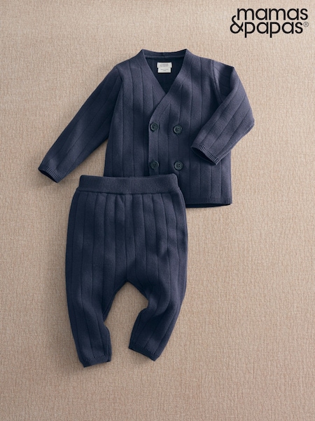 Blue - Mamas & Papas Knitted Wrap Cardigan & Rib Trousers Set