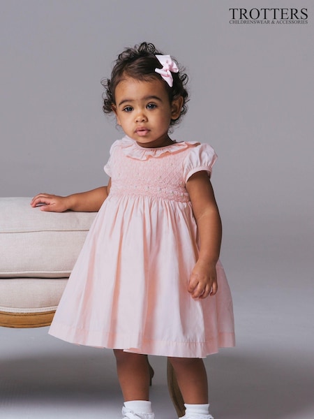 Trotters London Pink Willow Rose Hand Smocked Dress (446441) | £78