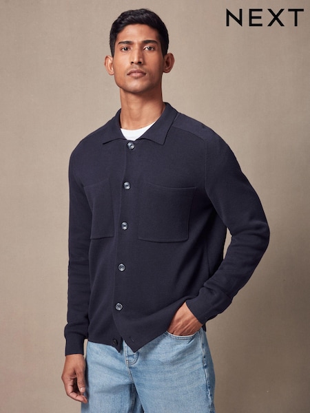 Navy Blue Relaxed Fit 100% Cotton Knit Twin Pocket Shacket (451363) | £42