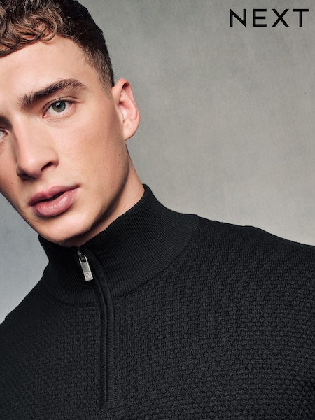 Black Texture Regular Fit 100% Cotton Premium Quarter Zip Jumper (451390) | £39