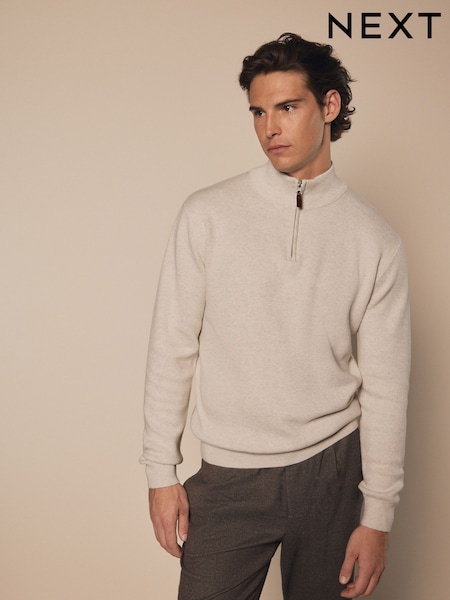 Oatmeal Marl Plain Regular Fit 100% Cotton Premium Quarter Zip Jumper (451605) | £39