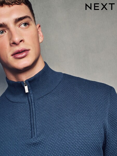 Slate Blue Texture Regular Fit 100% Cotton Premium Quarter Zip Jumper (452010) | £18