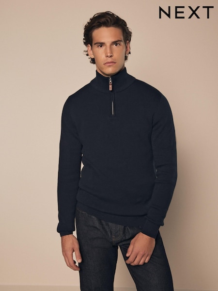 Navy Blue Plain Regular Fit 100% Cotton Premium Quarter Zip Jumper (452025) | £39