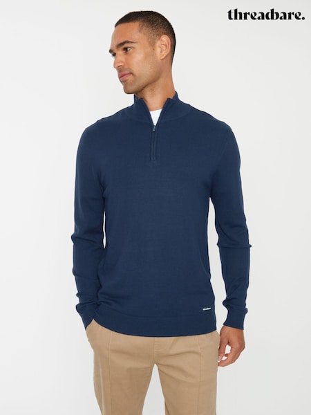 Navy Blue - Regular Threadbare Funnel Quarter Zip Knitted Jumper