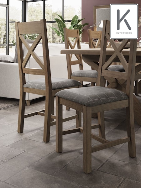 K Interiors Brown Embleton Solid Wood Dining Chair Pair Grey Check (455862) | £365