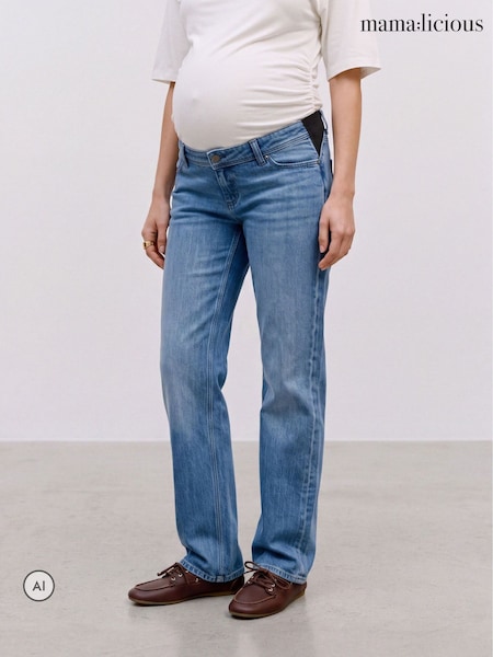 Blue - Mamalicious Maternity Side Elastic Straight Jeans