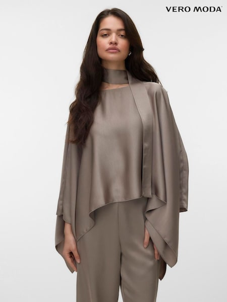 Grey - Vero Moda Long Sleeve Satin Cape Scarf Top