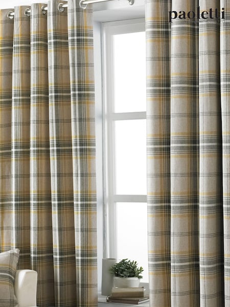 Riva Paoletti Ochre Yellow Aviemore Tartan Faux Wool Eyelet Curtains (461013) | £58 - £150