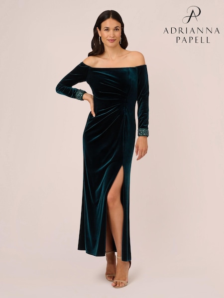 Adrianna Papell Green Velvet Off The Shoulder Gown (461595) | £259