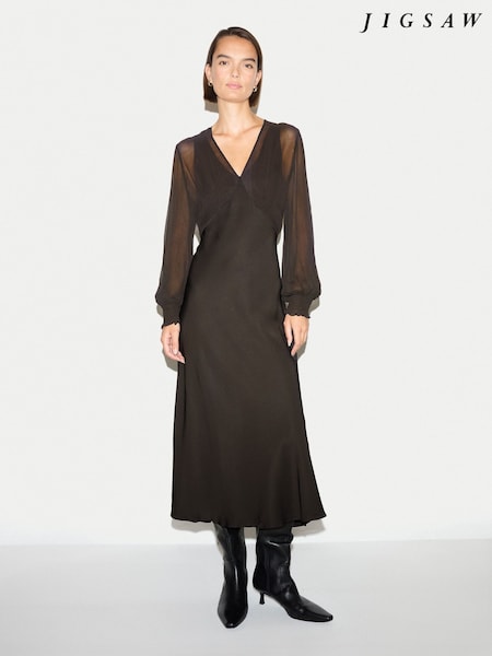 Dark Brown - Jigsaw Long Sleeve Bias Dress
