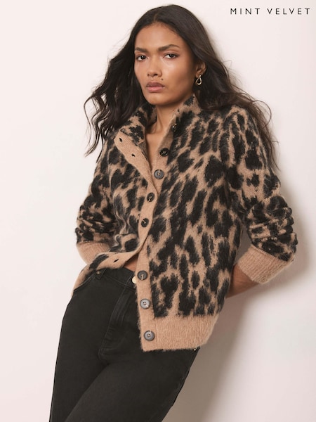 Natural - Mint Velvet Leopard Print Knit Cardigan