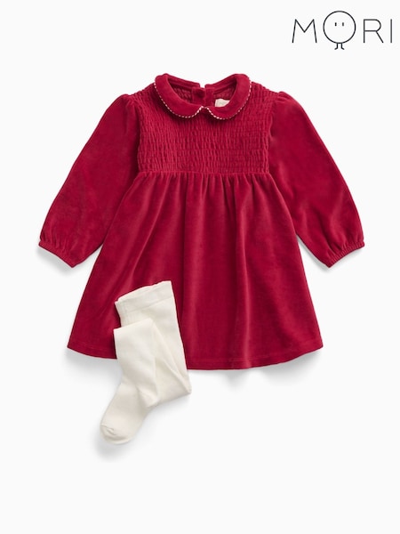 Red - Mori Velour Dress & Tights Set