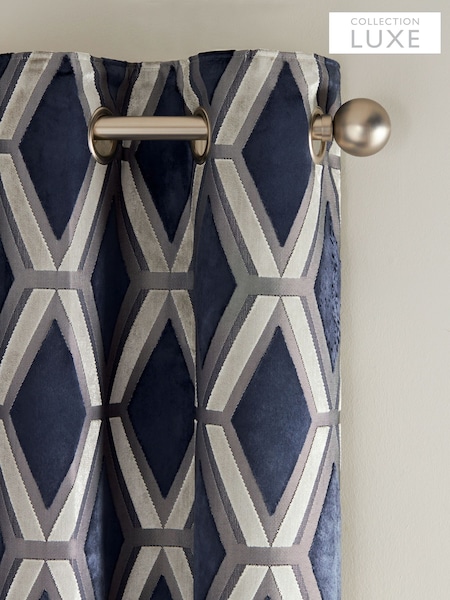 Navy Blue Collection Luxe Heavyweight Geometric Cut Velvet Lined Eyelet Curtains (465431) | £175 - £350