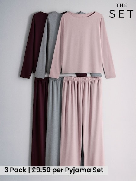 Burgundy Red/Pink/Grey - The Set 3 Pack Essentials Long Sleeve Pyjamas
