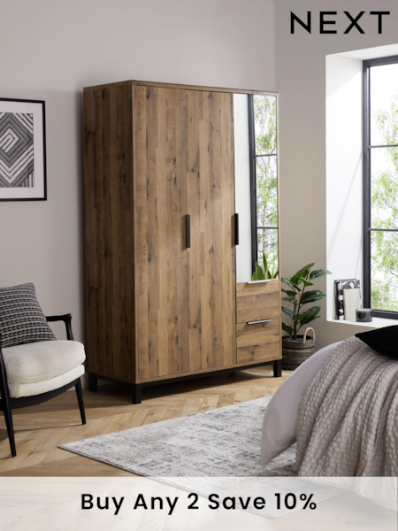 Dark Bronx Oak Slim Triple, 2 Drawers Effect Semi Fitted Mirrored Wardrobe (467715) | £599