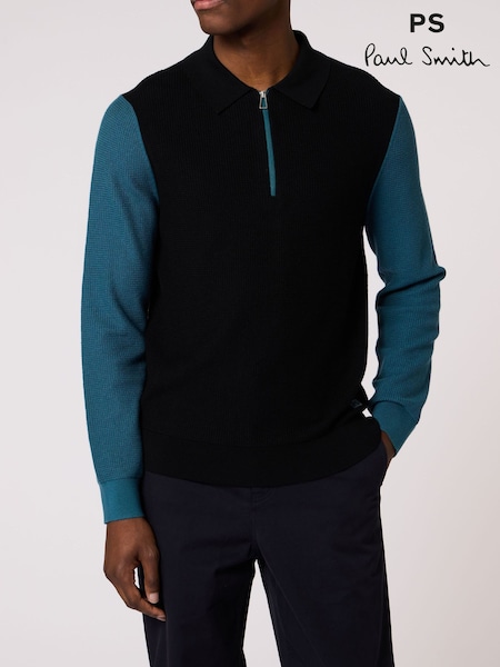 Black - Regular Ps Paul Smith Textured Knit Zip Neck Polo Jumper