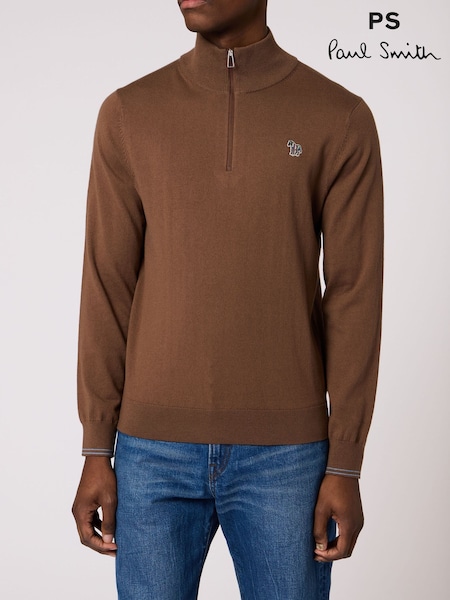 Brown - Regular Paul Smith Zebra Logo Zip Neck Jumper