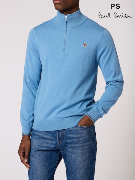 Blue - Regular Paul Smith Zebra Logo Zip Neck Jumper