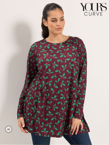 Red - Yours Curve Holly Print Novelty Christmas Tunic Top