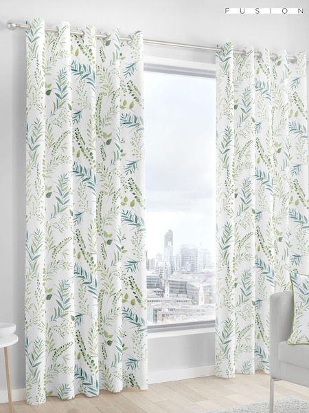Fusion Green 100% Cotton Fernworthy Botanical Leaves Lined Eyelet Curtains (471213) | £35 - £65