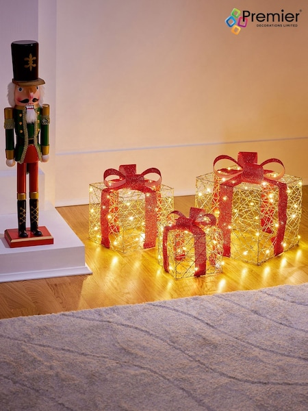 Premier Decorations Ltd Set Of 3 Lit Golden Elegance Parcels 152025cm