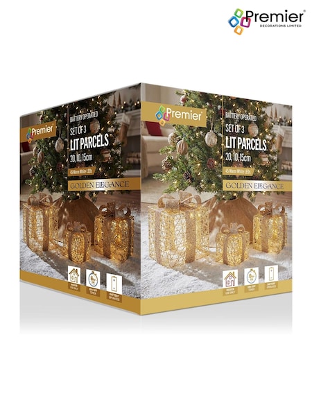 Premier Decorations Ltd Set Of 3 Lit Golden Elegance Twist Parcels