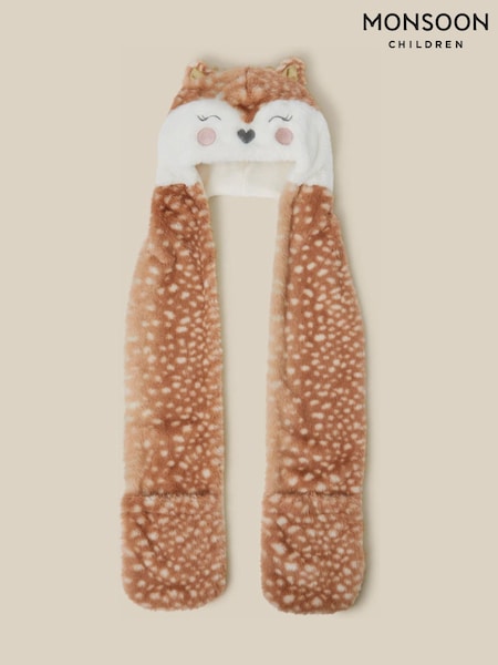 Brown - Monsoon 3-in-1 Fluffy Reindeer Hat Scarf