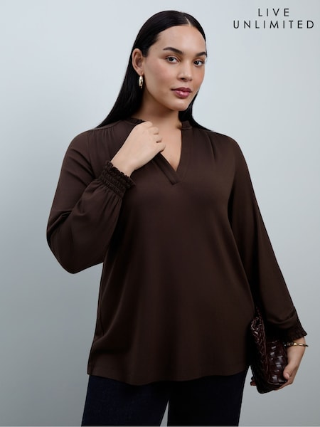 Brown - Live Unlimited Jersey Ruffle Neck Long Sleeve Blouse