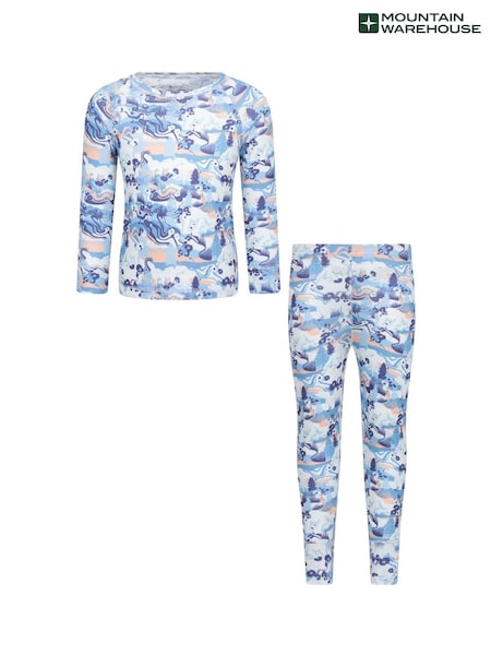 Blue - Mountain Warehouse Talus Printed Quick Dry Kids Baselayer Top & Thermals Set