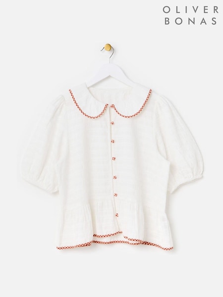 Cream - Oliver Bonas Textured Gingham Collar Peplum Blouse