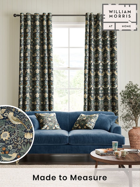 William Morris At Home Indigo Blue Strawberry Thief Velvet Made to Measure Curtains (482421) | £119
