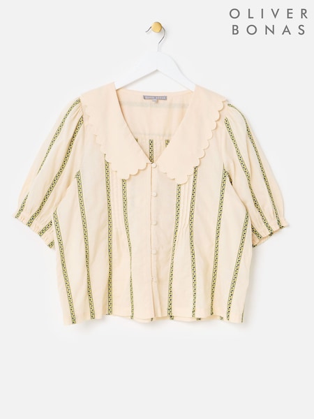 Cream - Oliver Bonas Embroidered Striped Scalloped Collar Blouse