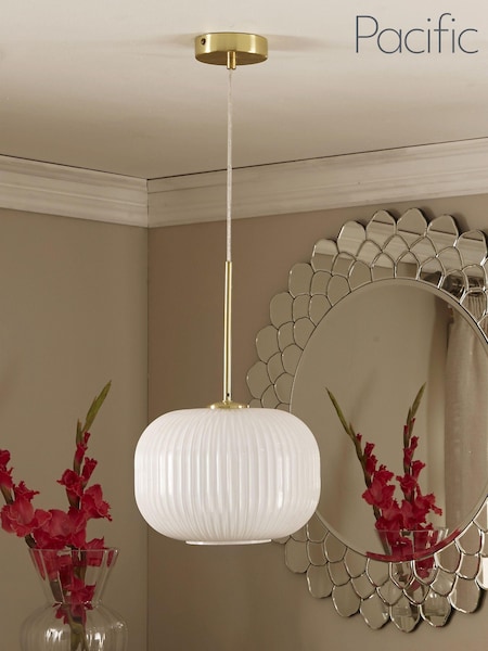 Pacific White Glass & Gold Metal Waisted Ceiling Light Pendant (482602) | £80